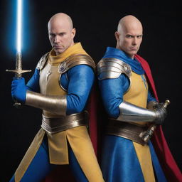 A striking image of two bald heroes in yellow and blue armor respectively. The one in blue armor also wears a red robe and wields a unique magic wand that resembles a sword, exuding an aura of mystery and power.