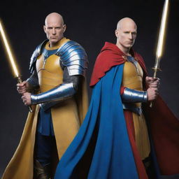 A striking image of two bald heroes in yellow and blue armor respectively. The one in blue armor also wears a red robe and wields a unique magic wand that resembles a sword, exuding an aura of mystery and power.