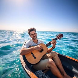 A handsome man sitting in a small boat on the sea, playing a traditional saz (reed instrument)