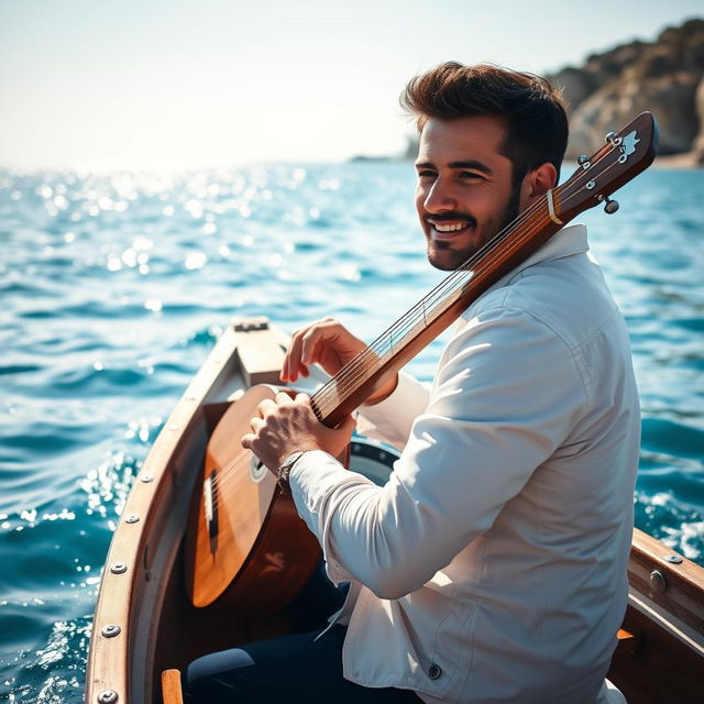 A handsome man sitting in a small boat on the sea, playing a traditional saz (reed instrument)