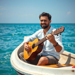 A handsome man sitting in a small boat on the sea, playing a traditional saz (reed instrument)