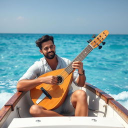 A handsome man sitting in a small boat on the sea, playing a traditional saz (reed instrument)