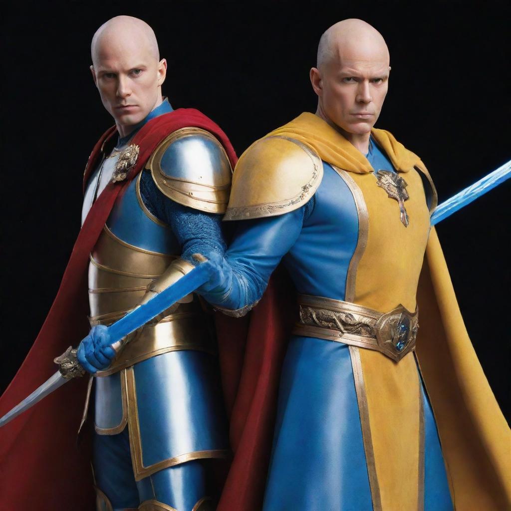 A striking image of two bald heroes in yellow and blue armor respectively. The one in blue armor also wears a red robe and wields a unique magic wand that resembles a sword, exuding an aura of mystery and power.