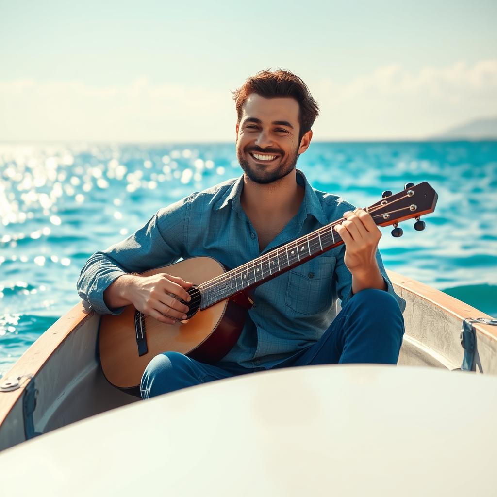 A handsome man sitting in a small boat on the tranquil sea, playing a traditional saz (reed instrument)