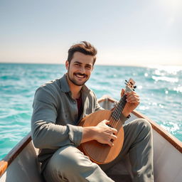 A handsome man sitting in a small boat on the tranquil sea, playing a traditional saz (reed instrument)