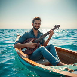 A handsome man sitting in a small boat on the tranquil sea, playing a traditional saz (reed instrument)