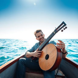 A handsome man sitting in a small boat on the tranquil sea, playing a traditional saz (reed instrument)