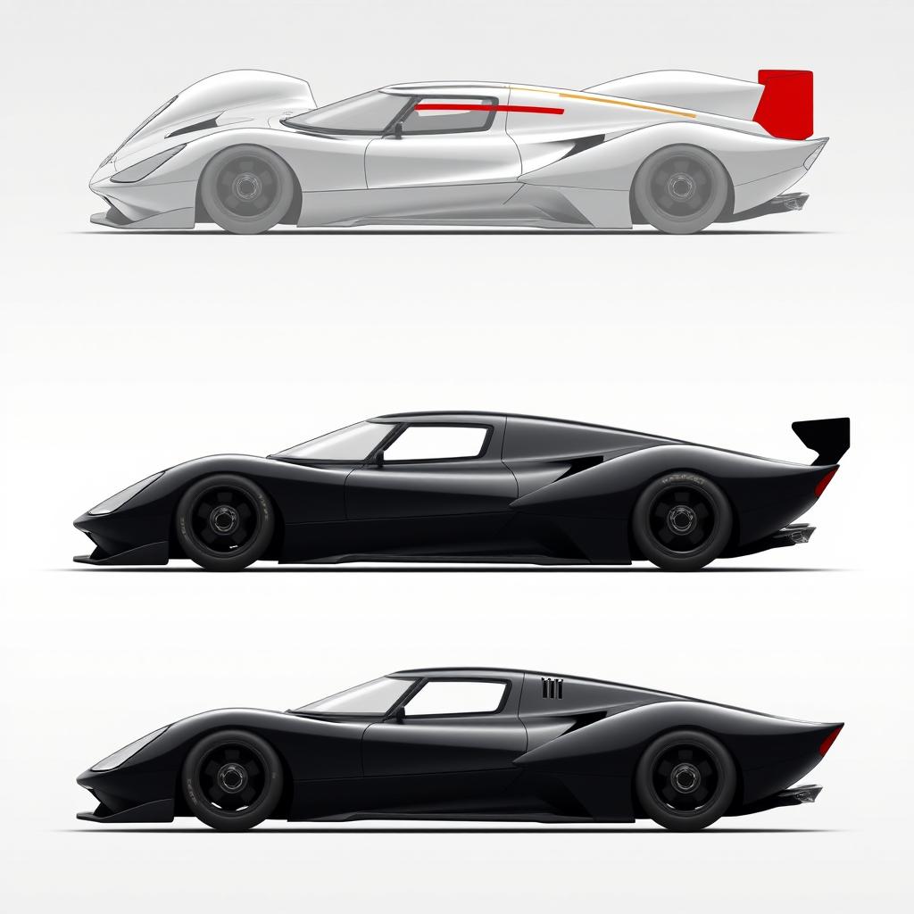 A modern racing car design inspired by vintage Jaguar Le Mans cars, Ferrari race and sports cars, and Maserati supercars