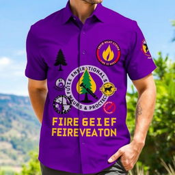 A vibrant purple shirt designed for environmental awareness and fire prevention, featuring eye-catching logos and graphics related to nature conservation