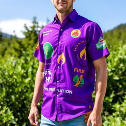 A vibrant purple shirt designed for environmental awareness and fire prevention, featuring eye-catching logos and graphics related to nature conservation