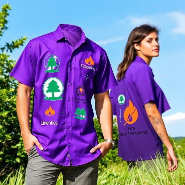 A vibrant purple shirt designed for environmental awareness and fire prevention, featuring eye-catching logos and graphics related to nature conservation