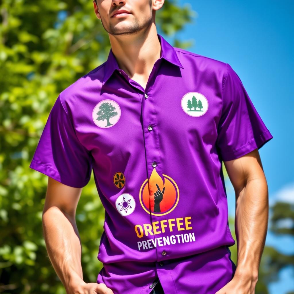 A vibrant purple shirt designed for environmental awareness and fire prevention, featuring eye-catching logos and graphics related to nature conservation