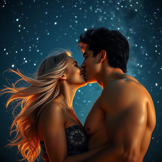 A beautiful blonde young woman with long flowing hair and a radiant smile engages in a passionate kiss with a tall, muscular man with striking black hair