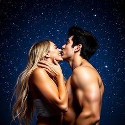 A beautiful blonde young woman with long flowing hair and a radiant smile engages in a passionate kiss with a tall, muscular man with striking black hair