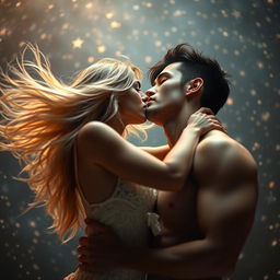 A beautiful blonde young woman with long flowing hair passionately making out with a tall, muscular guy with striking black hair