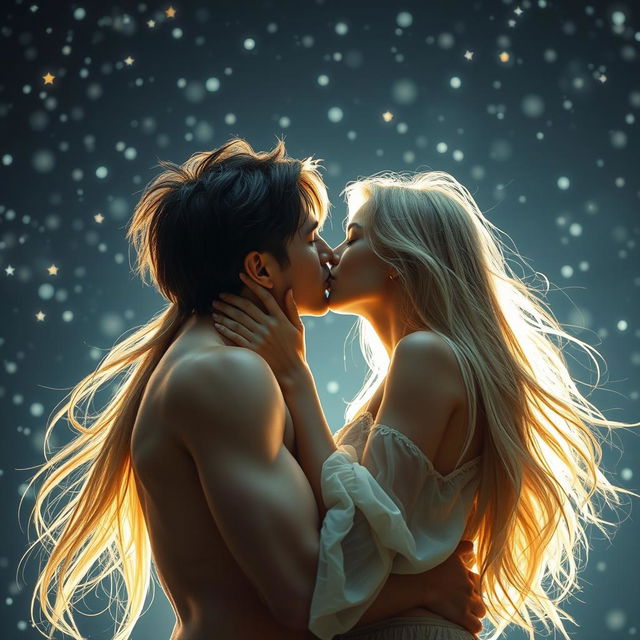 A beautiful blonde young woman with long flowing hair passionately making out with a tall, muscular guy with striking black hair