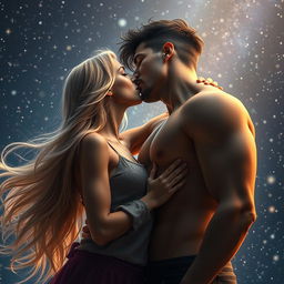 A beautiful blonde young woman with long flowing hair passionately making out with a tall, muscular guy with striking black hair