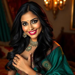 A seductive Indian woman dressed in traditional attire, elegantly posed, showcasing an alluring smile and captivating eyes
