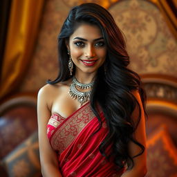 A seductive Indian woman dressed in traditional attire, elegantly posed, showcasing an alluring smile and captivating eyes
