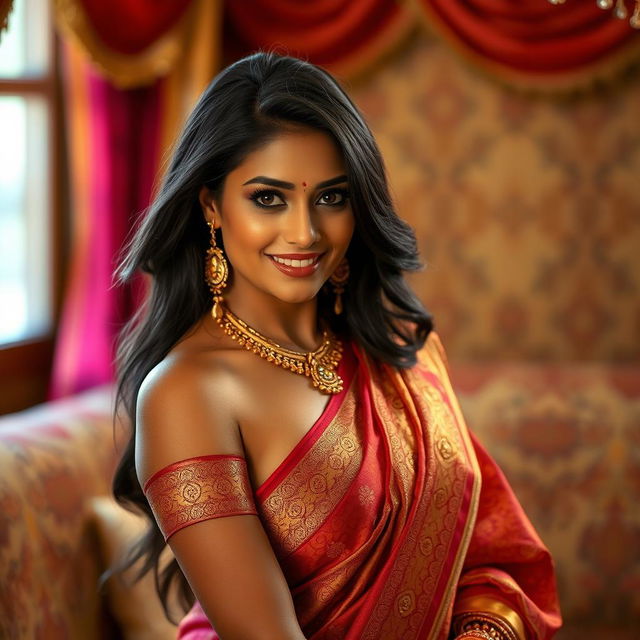 A seductive Indian woman dressed in traditional attire, elegantly posed, showcasing an alluring smile and captivating eyes