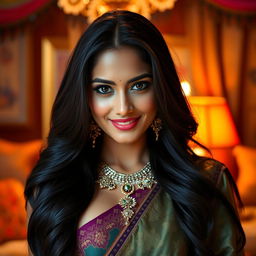 A seductive Indian woman dressed in traditional attire, elegantly posed, showcasing an alluring smile and captivating eyes