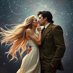 A beautiful young blonde woman with long flowing hair, wearing a flowing white dress, passionately making out with a tall, muscular man who has striking black hair, dressed in a classic American wartime suit