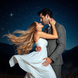 A beautiful young blonde woman with long flowing hair, wearing a flowing white dress, passionately making out with a tall, muscular man who has striking black hair, dressed in a classic American wartime suit
