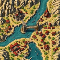A detailed RPG city map featuring a vibrant and bustling town bisected by a river, necessitating a grand bridge for passage across its waters