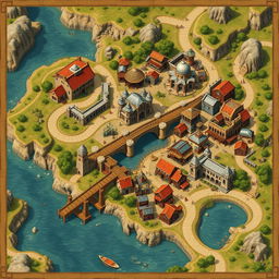 A detailed RPG city map featuring a vibrant and bustling town bisected by a river, necessitating a grand bridge for passage across its waters