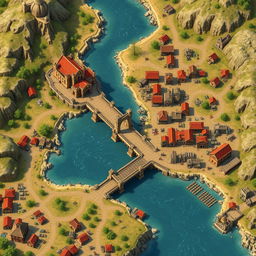 A detailed RPG city map featuring a vibrant and bustling town bisected by a river, necessitating a grand bridge for passage across its waters
