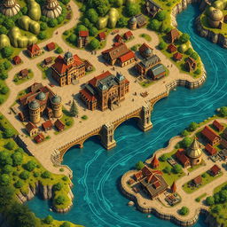 A detailed RPG city map featuring a vibrant and bustling town bisected by a river, necessitating a grand bridge for passage across its waters