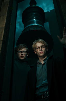 A dark and gloomy bell tower, featuring a young blonde man wearing glasses and a shirt