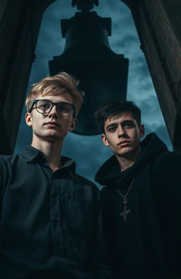 A dark and gloomy bell tower, featuring a young blonde man wearing glasses and a shirt