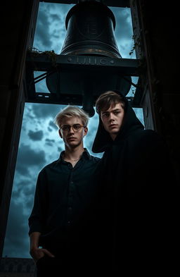 A dark and gloomy bell tower, featuring a young blonde man wearing glasses and a shirt