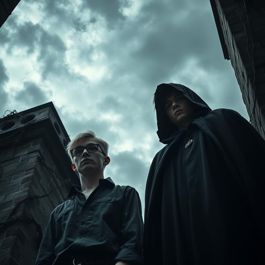 A dark and eerie bell tower setting featuring a young blonde man wearing glasses and a shirt, alongside a young brunette man clad in a flowing black cloak