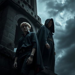 A dark and eerie bell tower setting featuring a young blonde man wearing glasses and a shirt, alongside a young brunette man clad in a flowing black cloak