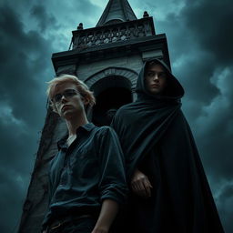 A dark and eerie bell tower setting featuring a young blonde man wearing glasses and a shirt, alongside a young brunette man clad in a flowing black cloak