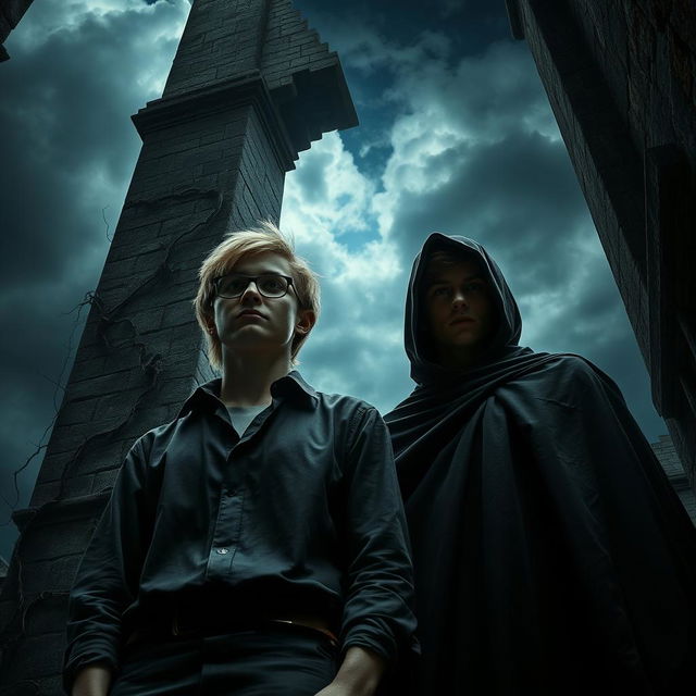 A dark and eerie bell tower setting featuring a young blonde man wearing glasses and a shirt, alongside a young brunette man clad in a flowing black cloak