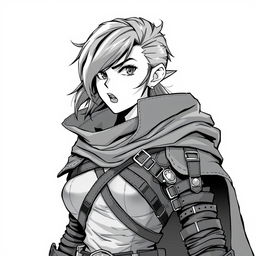 A female half-orc thief depicted in a greyscale anime style illustration, featuring sharp, defined facial features typical of half-orcs, with pointed ears and a confident expression
