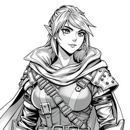 A female half-orc thief depicted in a greyscale anime style illustration, featuring sharp, defined facial features typical of half-orcs, with pointed ears and a confident expression