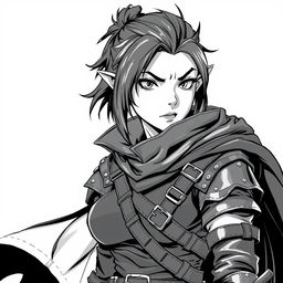A female half-orc thief depicted in a greyscale anime style illustration, featuring sharp, defined facial features typical of half-orcs, with pointed ears and a confident expression