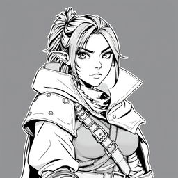 A female half-orc thief depicted in a greyscale anime style illustration, featuring sharp, defined facial features typical of half-orcs, with pointed ears and a confident expression