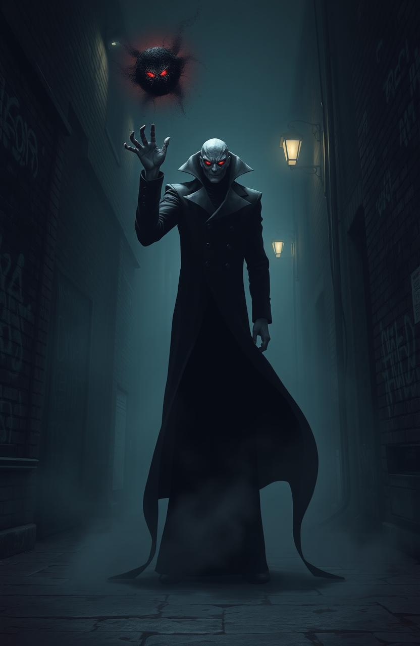 A tall, ominous villain standing in a dark, shadowy alley