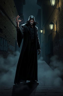 A tall, ominous villain standing in a dark, shadowy alley