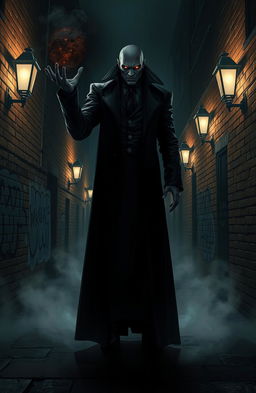 A tall, ominous villain standing in a dark, shadowy alley