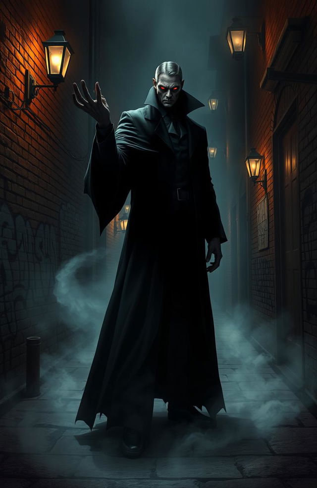 A tall, ominous villain standing in a dark, shadowy alley