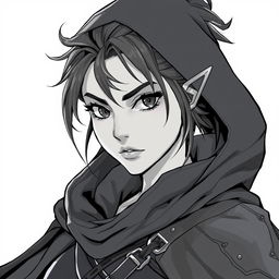 A beautifully detailed anime-style greyscale illustration featuring a female half-orc thief with striking facial features