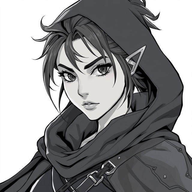 A beautifully detailed anime-style greyscale illustration featuring a female half-orc thief with striking facial features