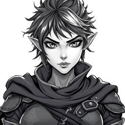 A beautifully detailed anime-style greyscale illustration featuring a female half-orc thief with striking facial features