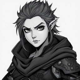 A beautifully detailed anime-style greyscale illustration featuring a female half-orc thief with striking facial features